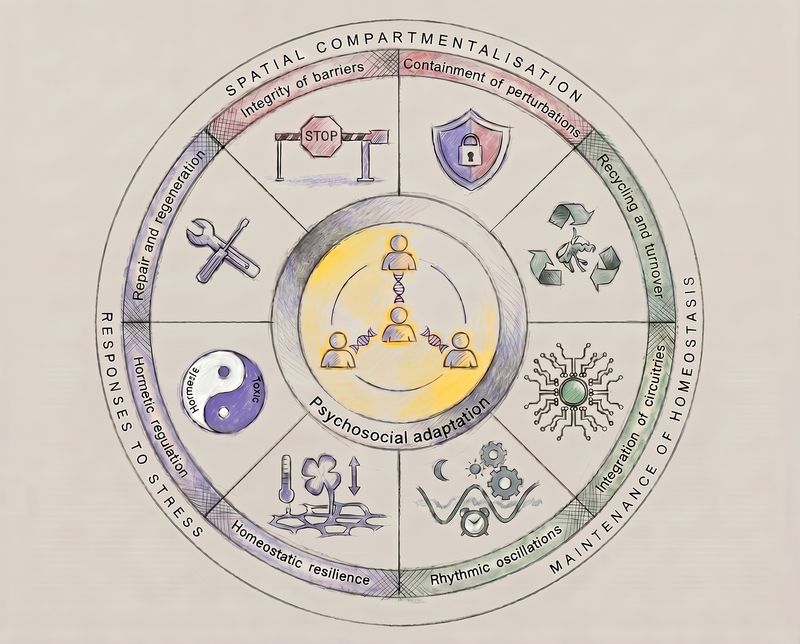A radial diagram of the nine hallmarks of health proposed by López-Otín and Kroemer, arranged around a central core and spanning the biological strata from molecules through to psychosocial interactions.