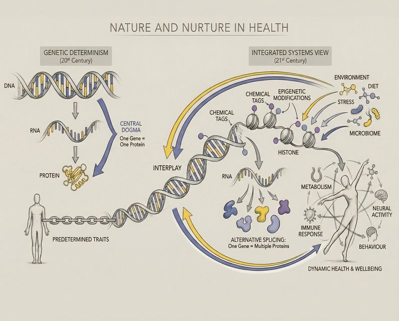 A circular diagram illustrating the interplay between nature (genetics) and nurture (environment) in shaping health outcomes.